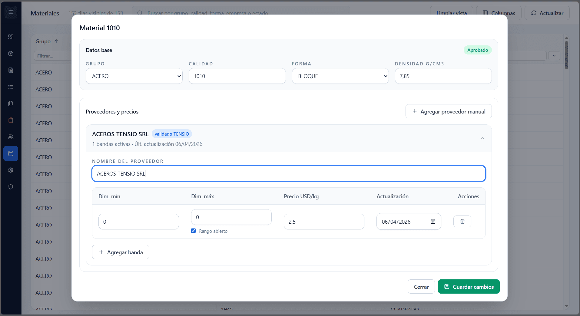 Vista previa de configuración técnica en Tensio