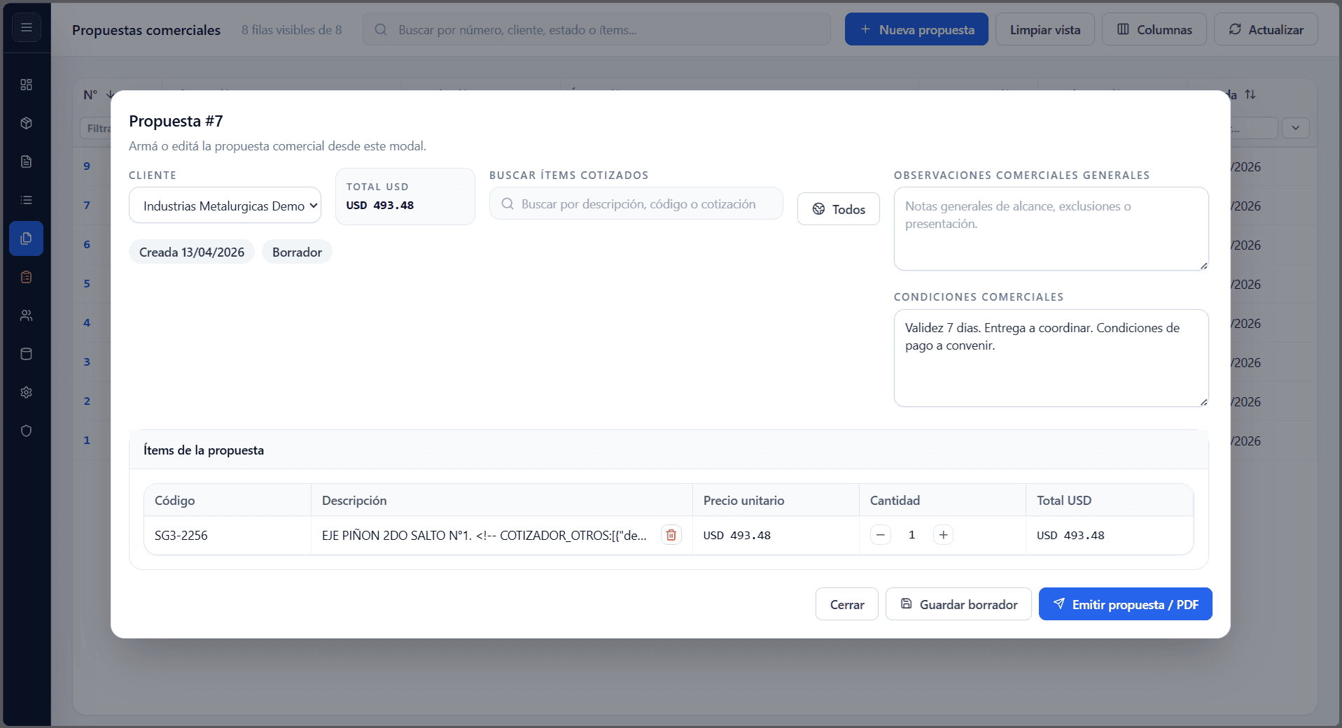 Vista previa de propuestas comerciales en Tensio
